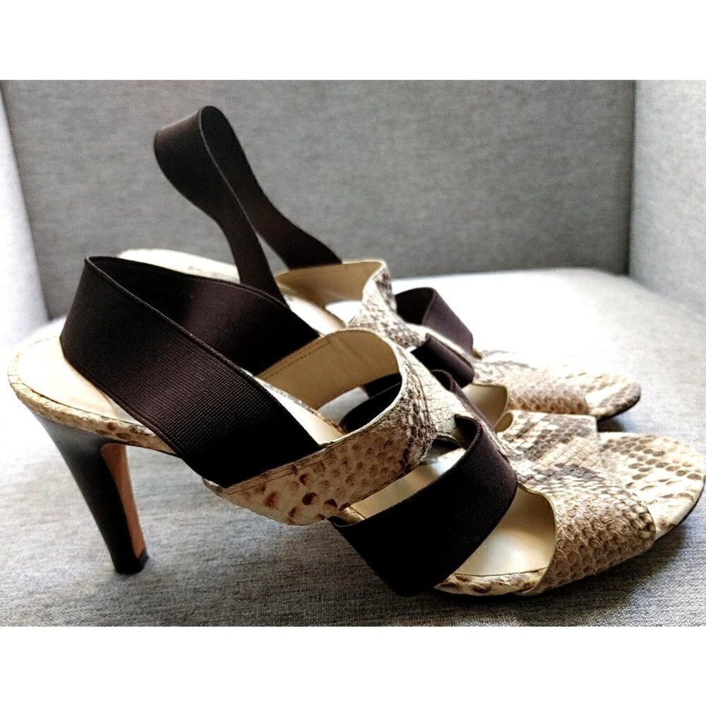 Michael Kors Brown and Tan Leather Snakeskin Print Open Toe Strappy Heels Size 9 - Picture 3 of 10